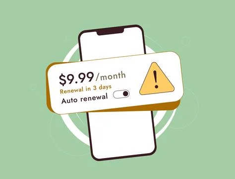 Renewal warning UI on mobile screen with plan price and auto renewal alert Stock Illustration