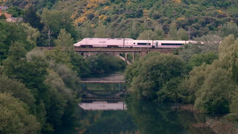 The Renfe Alvia train of the operator Renfe Viajeros leaves Ponferrada station Stock Footage 310461892