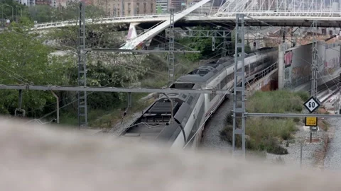 Renfe Train near Calatrava Bridge in Barcelona, 1st of May 2022. Stock Footage 193674444