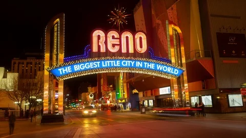 Reno Arch Night Time Lapse with Traffic and People in Downtown Reno Nevada Stock Footage 102209696