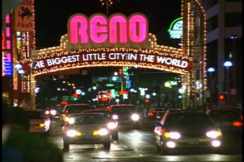 Reno by Night, medium close up, traffic under the arch Stock Footage 869255