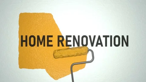 Renovation concept. Roller paints the wall with yellow paint. Inscription home r Stock Footage 168878079