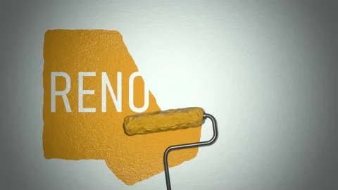 Renovation concept. Roller paints the wall with yellow paint. Inscription renova Stock Footage 168878082