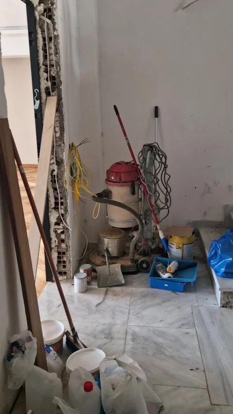Renovation Tools and Construction Materials Indoors – Worksite Scene Stock Footage 318296083