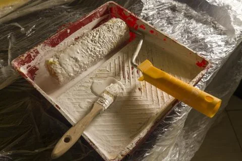 Renovation tools to paint the wall Stock Photos