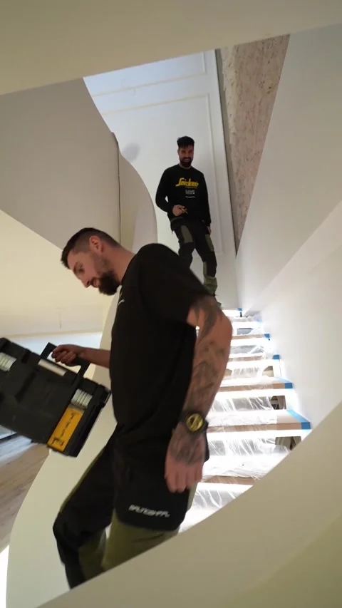 Renovator Slips and Falls Down Stairs, Warsaw, Poland - 07 Nov 2025 Stock Footage 324820847