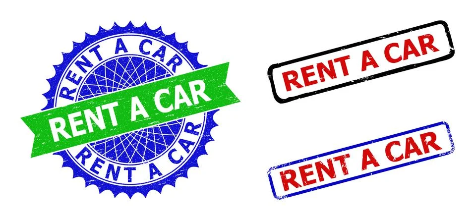 RENT A CAR Rosette and Rectangle Bicolor Stamps with Distress Surfaces Stock Illustration