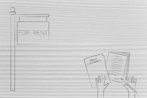 For rent panel next to hands about to sign rent contract Stock Illustration