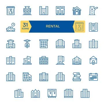 Rental Scalable Vector Set featuring 35 Editable Regular Line 256x256 Icons Stock Illustration