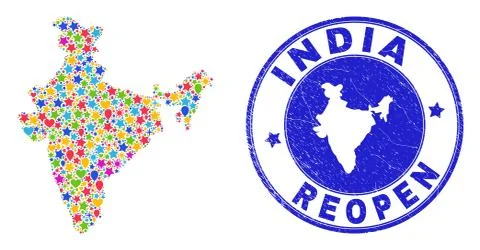 Reopening India Map Collage and Scratched Seal Stock Illustration