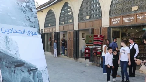 Reopening of restored markets damaged during Syrian civil war in Aleppo, ALEPPO, Stock Footage 282939864