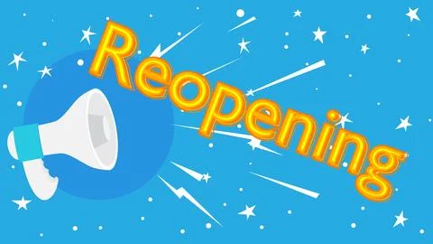 Reopening text with cartoon Megaphone. Vector Announcement illustration. Stock-Illustration