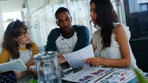 Rep holding sheet showing data, urging team checking charts for biz while Stock Footage 333552465