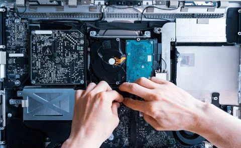 Repair computers. Technology maintenance hardware from man engineer flat lay. 库存照片