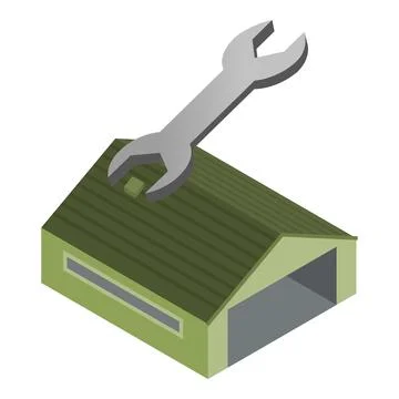 Repair concept icon isometric vector. Stainless steel wrench and hangar building Ilustración de archivo