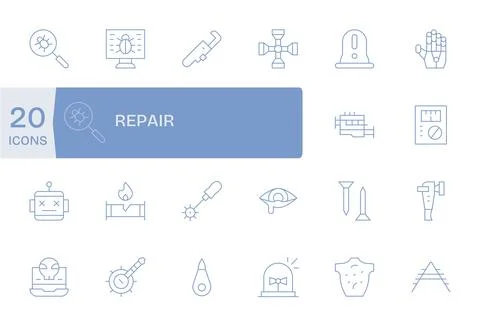Repair Essential Vector Set including 20 Editable Thin Line 256x256 Icons Stock Illustration