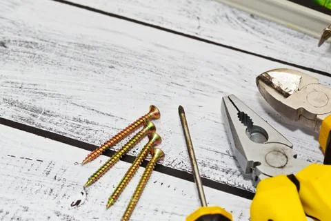 Repair hand tools kit on work desk Stock Photos