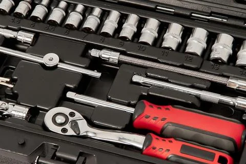 A repair kit in a plastic case, close-up, floating focus Stock Photos