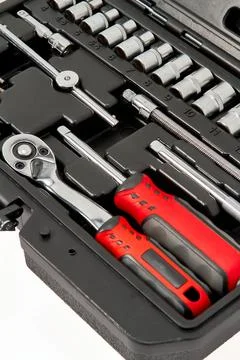 A repair kit in a plastic case, close-up, floating focus Stock Photos