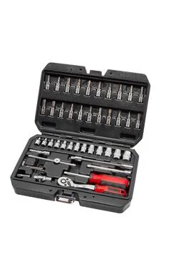 Repair kit in a plastic case on a white background Stock Photos