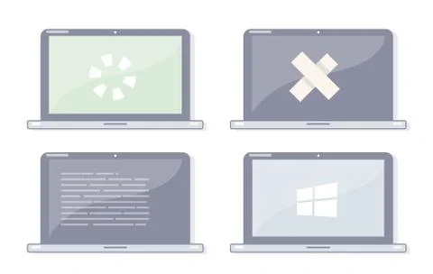 Repair laptop. The state of the operating system. Cartoon computer. Stock Illustration