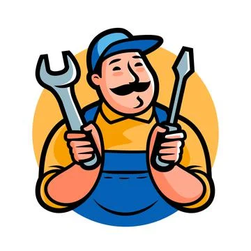 Repair man worker with tools logo. Mechanic workshop emblem. Vector illustration Stock Illustration