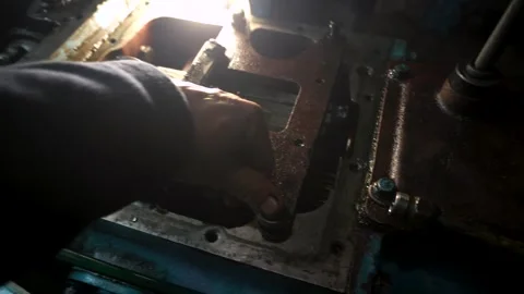 Repair of an old blue tractor Stock Footage 306205459
