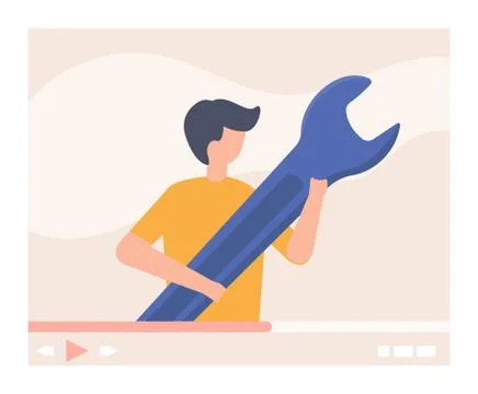 Repair online video tutorial, tool service vector illutration. Man character 스톡 일러스트