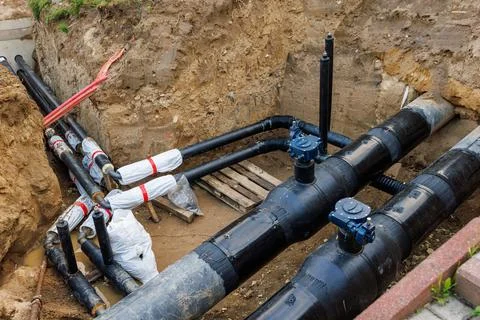 A repair pit with large-diameter plastic water supply pipes installed, comp.. Stock Photos
