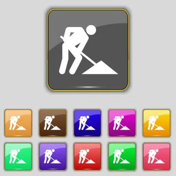 Repair of road, construction work icon sign. Set with eleven colored buttons  Illustrazione stock