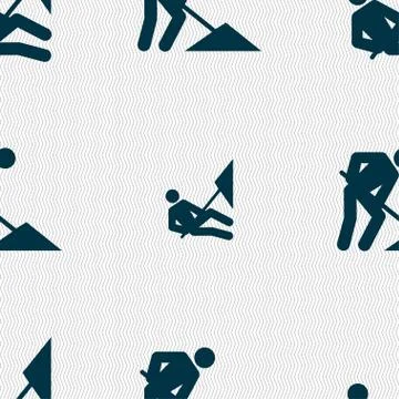 Repair of road, construction work icon sign. Seamless pattern with geometric  Illustrazione stock