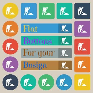 Repair of road, construction work icon sign. Set of twenty colored flat, roun Stock Illustration