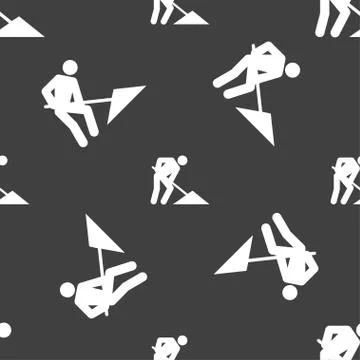 Repair of road, construction work icon sign. Seamless pattern on a gray backg Stock Illustration