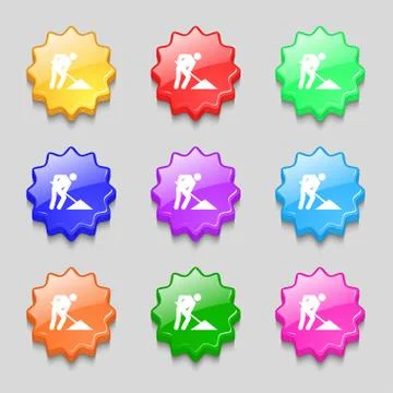 Repair of road, construction work icon sign. symbol on nine wavy colourful butto 스톡 일러스트