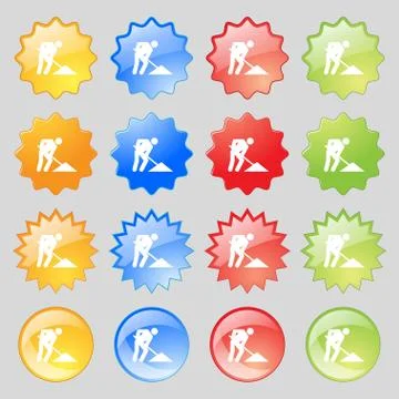 Repair of road, construction work icon sign. Big set of 16 colorful modern butto 스톡 일러스트