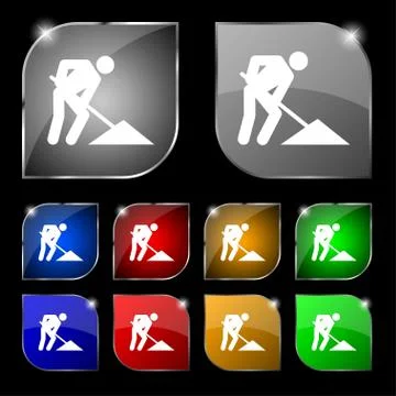 Repair of road, construction work icon sign. Set of ten colorful buttons with gl Stock Illustration
