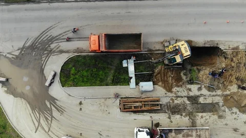 Repair the road from a height. Construction work in Krasnodar. Stock Footage 125345189