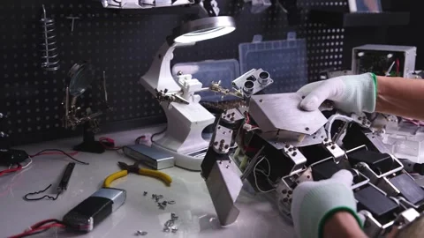 Repair the robot on the workbench Stock Footage 313837515