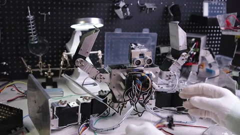 Repair the robot on the workbench Stock Footage 313839936