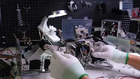 Repair the robot on the workbench Stock Footage 313840582
