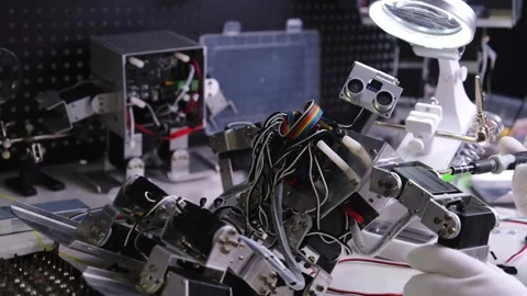 Repair the robot on the workbench Stock Footage 313840858