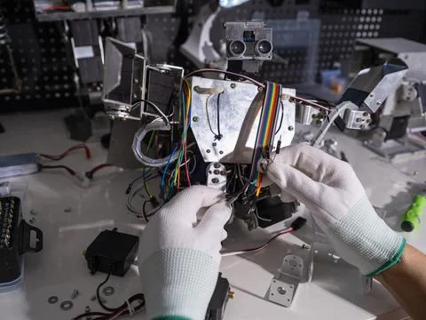 Repair the robot on the workbench 스톡 사진