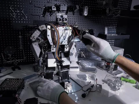 Repair the robot on the workbench Stock Photos