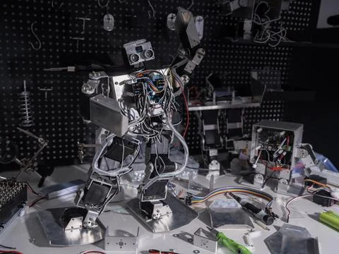 Repair the robot on the workbench 스톡 사진