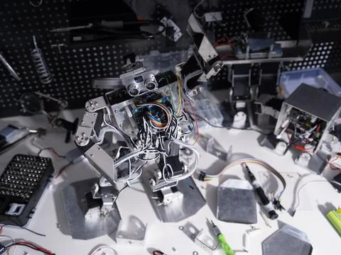 Repair the robot on the workbench 스톡 사진