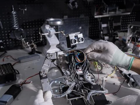 Repair the robot on the workbench Stock Photos