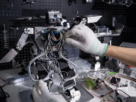 Repair the robot on the workbench 스톡 사진