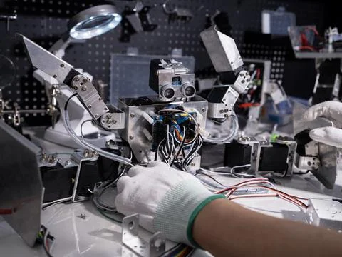 Repair the robot on the workbench 스톡 사진