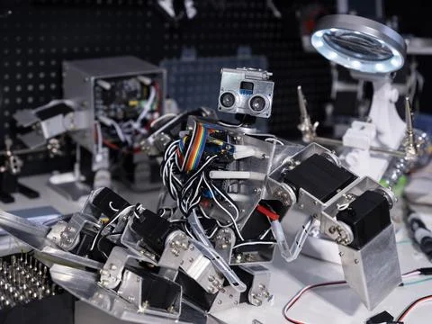 Repair the robot on the workbench 스톡 사진