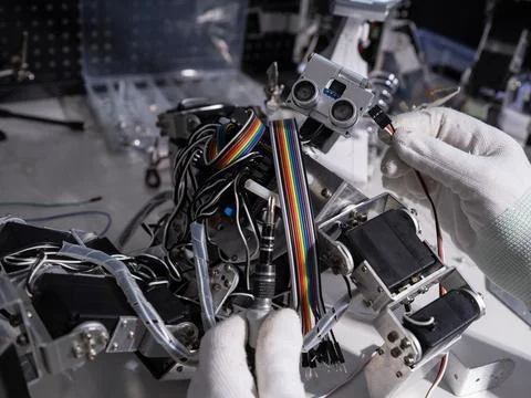 Repair the robot on the workbench 스톡 사진